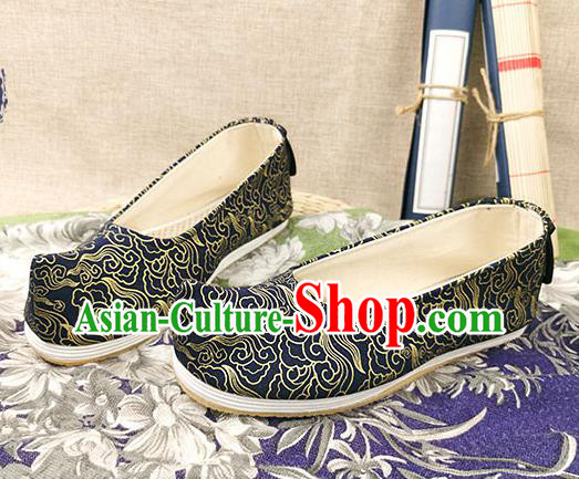 Chinese Ancient Noble Childe Shoes Traditional Ming Dynasty Emperor Shoes Navy Brocade Bow Shoes