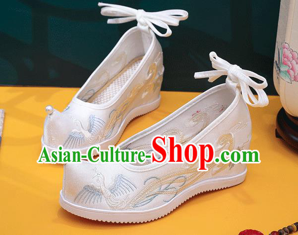 China Handmade Folk Dance Wedge Shoes Embroidered Phoenix Shoes Traditional Hanfu White Satin Shoes
