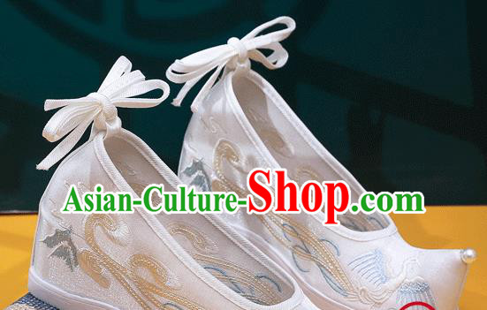 China Handmade Folk Dance Wedge Shoes Embroidered Phoenix Shoes Traditional Hanfu White Satin Shoes