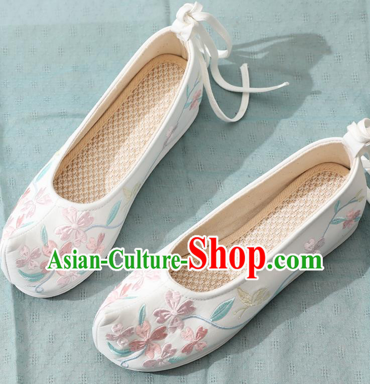 China Traditional Bow Shoes Embroidery White Cloth Shoes Ming Dynasty Female Shoes