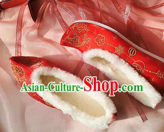 China Classical Xiuhe Wedding Shoes Traditional Hanfu Red Embroidered Shoes Ancient Bride Shoes