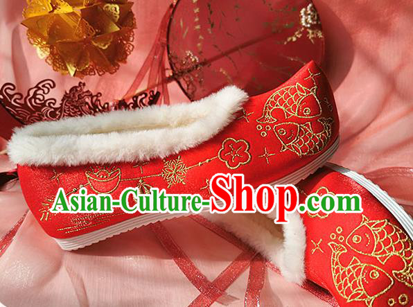 China Classical Xiuhe Wedding Shoes Traditional Hanfu Red Embroidered Shoes Ancient Bride Shoes