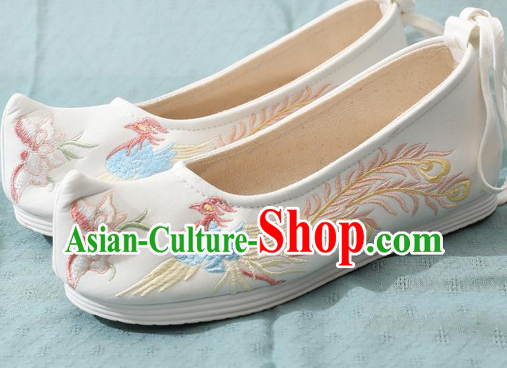 China Traditional Hanfu Bow Shoes Embroidery Phoenix White Cloth Shoes Ming Dynasty Young Lady Shoes