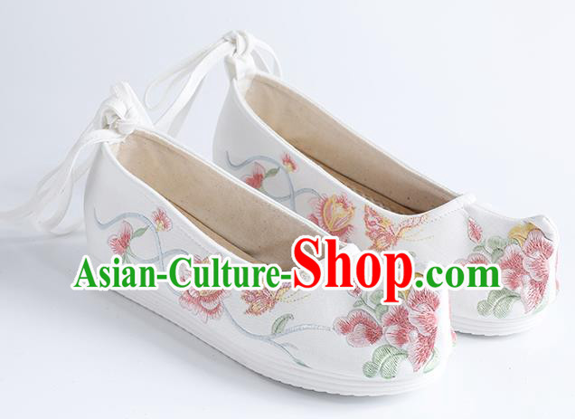 China Ancient Ming Dynasty Princess Shoes Traditional Hanfu Bow Shoes Embroidery Peony Butterfly Shoes