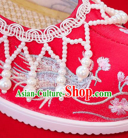 China Traditional Wedding Bride Shoes Handmade Pearls Tassel Wedge Shoes Red Embroidered Shoes