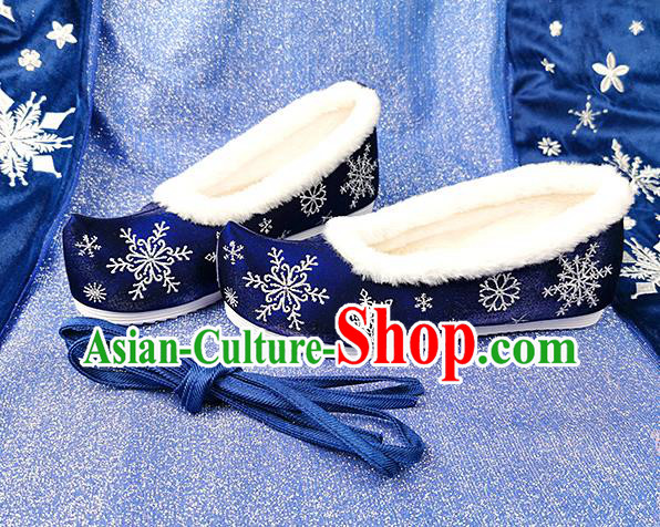 China Traditional Hanfu Embroidered Snowflake Shoes Ancient Princess Shoes Classical Royalblue Cloth Shoes