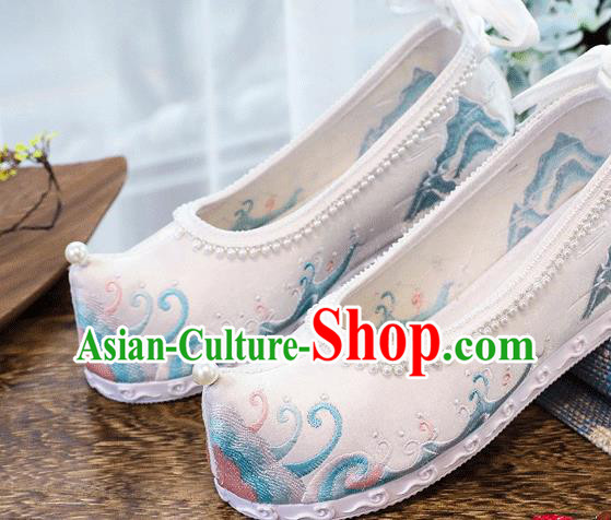 China Handmade Folk Dance Pearls Shoes National Woman White Shoes Traditional Hanfu Embroidered Wave Shoes
