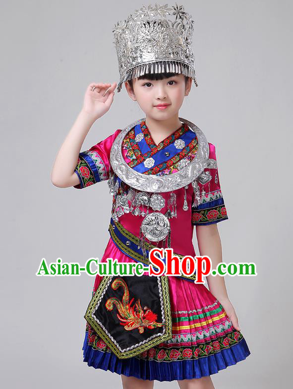 Chinese Tujia Ethnic Stage Performance Rosy Short Dress Outfits Yi Nationality Girl Festival Costumes