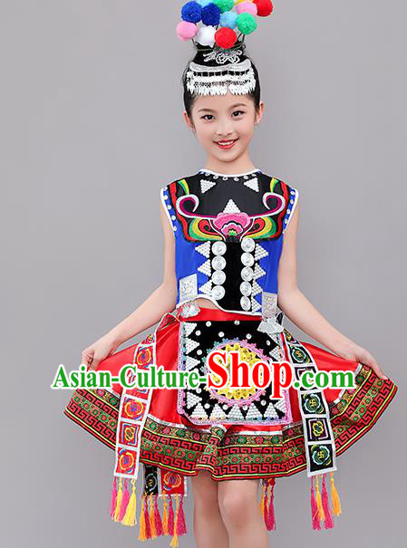 Chinese Tujia Nationality Children Performance Costumes Guizhou Ethnic Folk Dance Outfits