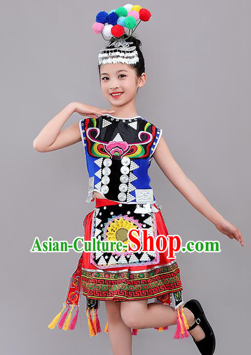 Chinese Tujia Nationality Children Performance Costumes Guizhou Ethnic Folk Dance Outfits