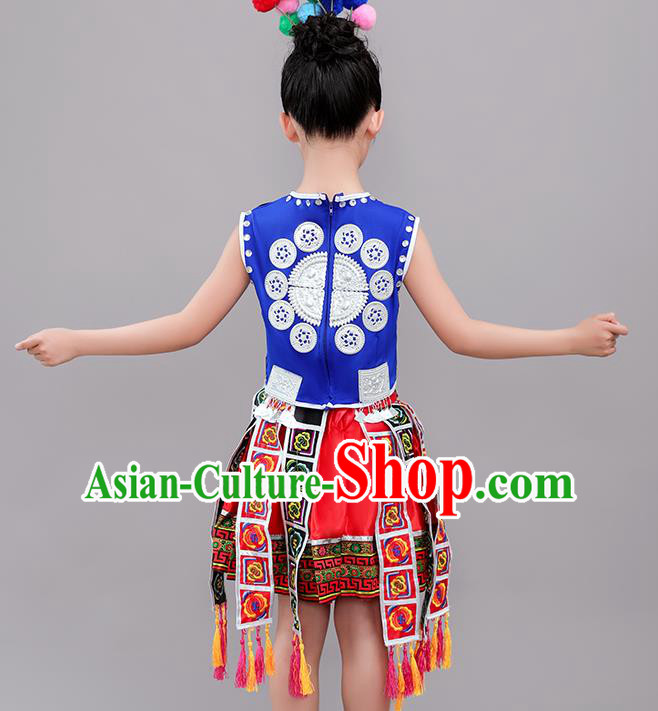 Chinese Tujia Nationality Children Performance Costumes Guizhou Ethnic Folk Dance Outfits