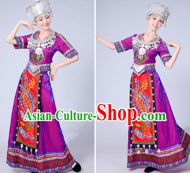China Miao Minority Folk Dance Outfits Ethnic Stage Performance Purple Dress Yao Nationality Clothing and Headdress