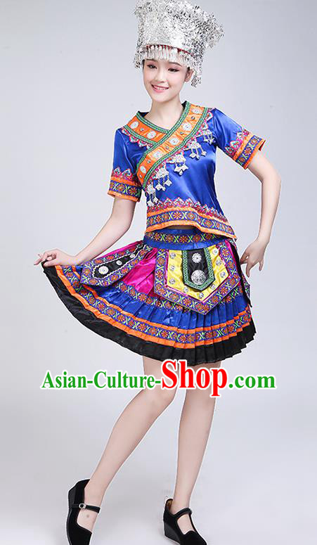 China Hmong Minority Outfits Ethnic Performance Royalblue Dress Miao Nationality Folk Dance Clothing and Headwear