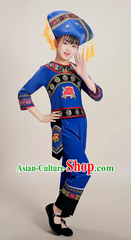 Chinese Zhuang Nationality Children Performance Costumes Guangxi Ethnic Folk Dance Royalblue Blouse and Pants Outfits