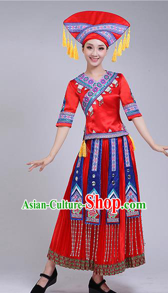 China Zhuang Nationality Clothing Guangxi Ethnic Dance Outfits Minority Performance Red Dress