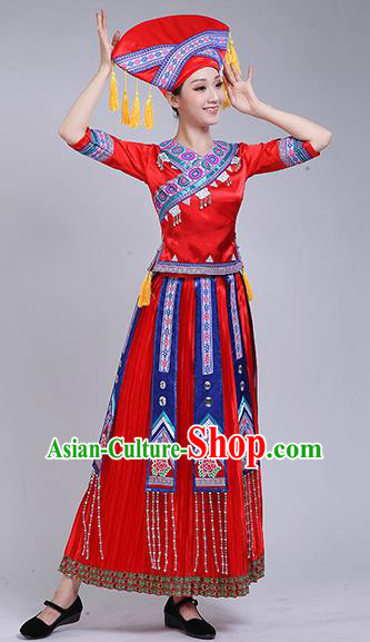 China Zhuang Nationality Clothing Guangxi Ethnic Dance Outfits Minority Performance Red Dress