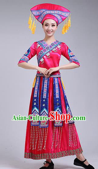 China Minority Performance Rosy Dress Zhuang Nationality Clothing Guangxi Ethnic Dance Outfits