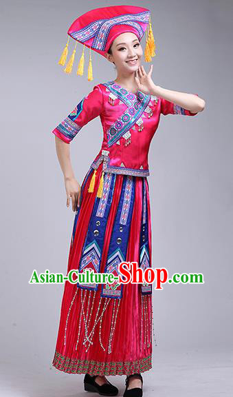 China Minority Performance Rosy Dress Zhuang Nationality Clothing Guangxi Ethnic Dance Outfits
