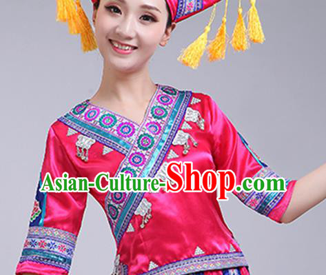 China Minority Performance Rosy Dress Zhuang Nationality Clothing Guangxi Ethnic Dance Outfits