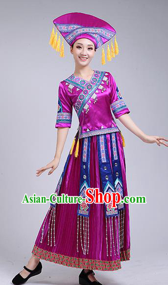China Guangxi Ethnic Dance Outfits Minority Performance Purple Dress Zhuang Nationality Clothing