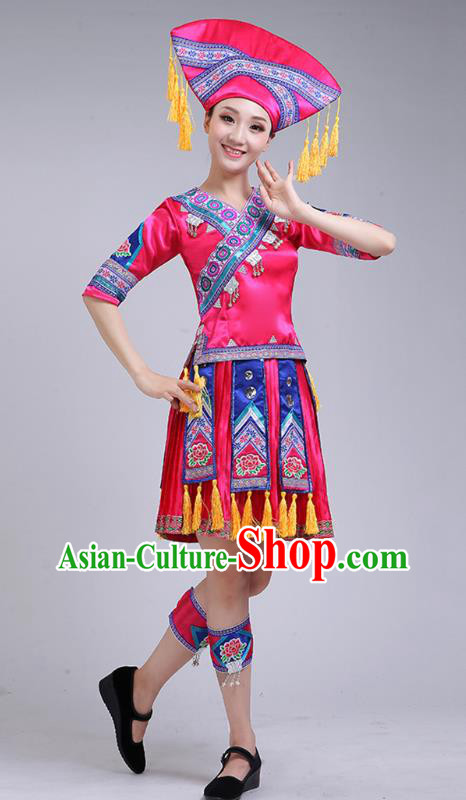China Guangxi Minority Performance Rosy Short Dress Zhuang Nationality Woman Clothing Ethnic Folk Dance Outfits