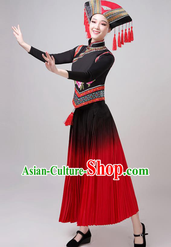 China Guangxi Ethnic Performance Outfits Minority Dress Zhuang Nationality Folk Dance Clothing