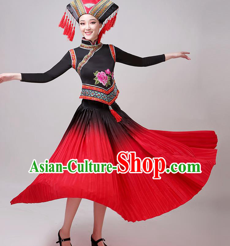 China Guangxi Ethnic Performance Outfits Minority Dress Zhuang Nationality Folk Dance Clothing