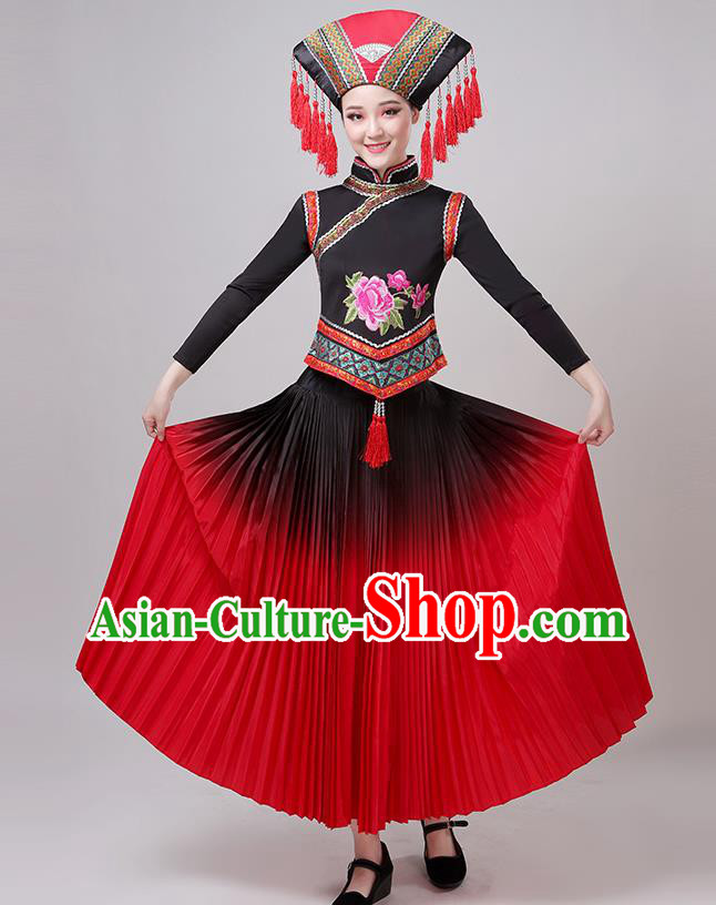 China Guangxi Ethnic Performance Outfits Minority Dress Zhuang Nationality Folk Dance Clothing