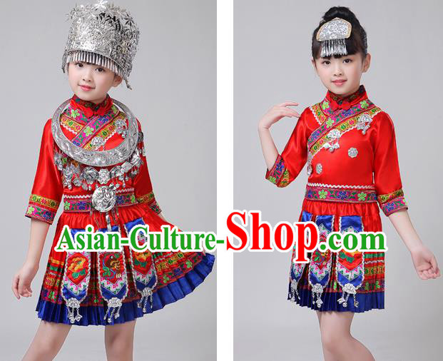 Chinese Yi Ethnic Folk Dance Red Short Dress Outfits Zhuang Nationality Girl Costumes