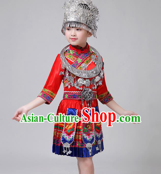 Chinese Yi Ethnic Folk Dance Red Short Dress Outfits Zhuang Nationality Girl Costumes