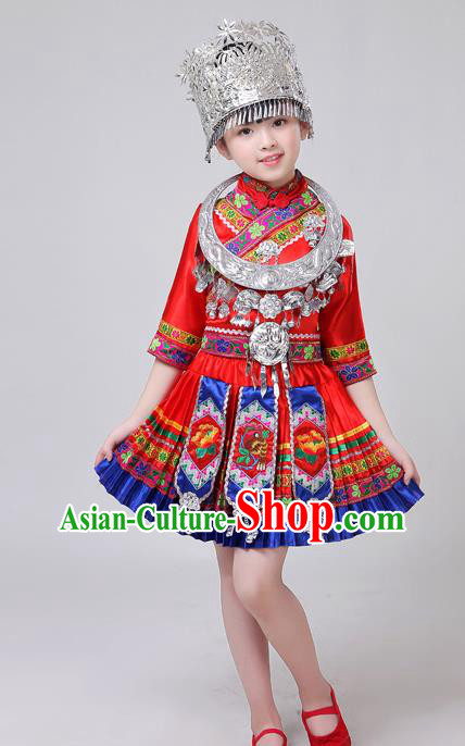 Chinese Yi Ethnic Folk Dance Red Short Dress Outfits Zhuang Nationality Girl Costumes