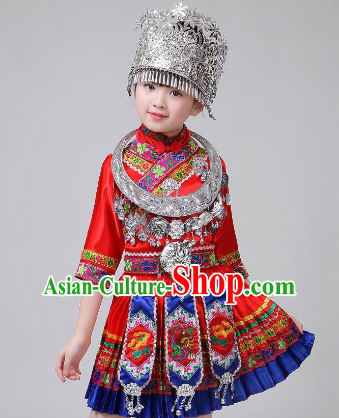 Chinese Yi Ethnic Folk Dance Red Short Dress Outfits Zhuang Nationality Girl Costumes