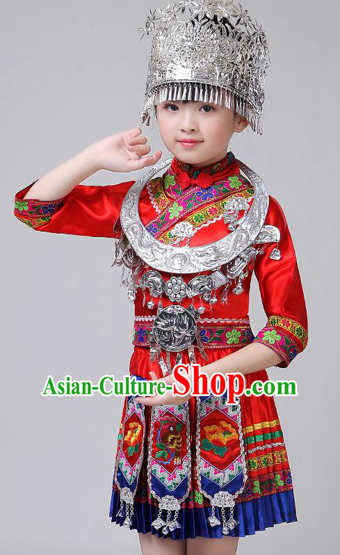 Chinese Yi Ethnic Folk Dance Red Short Dress Outfits Zhuang Nationality Girl Costumes