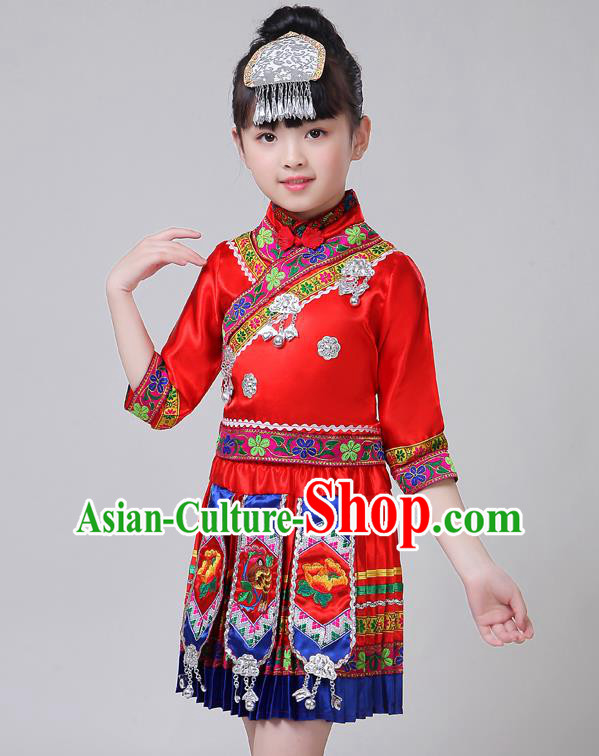 Chinese Yi Ethnic Folk Dance Red Short Dress Outfits Zhuang Nationality Girl Costumes