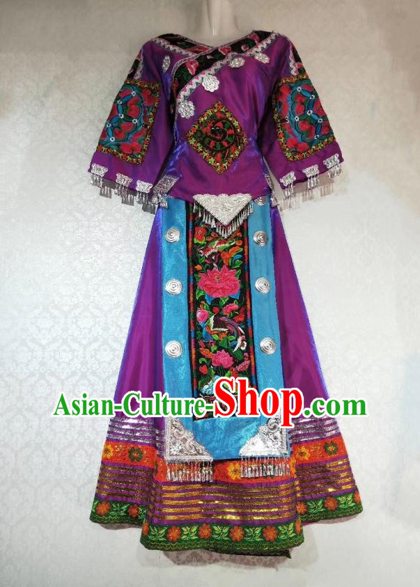 China Guizhou Minority Stage Performance Outfits Tujia Ethnic Folk Dance Purple Dress Miao Nationality Woman Clothing
