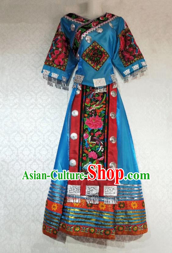 China Miao Nationality Clothing Guizhou Tujia Minority Stage Performance Outfits Ethnic Folk Dance Blue Dress