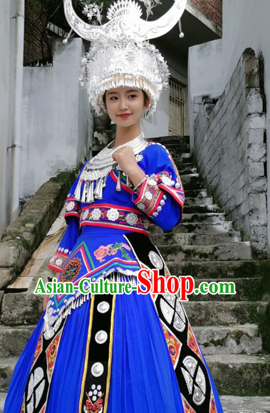 China Xiangxi Minority Stage Performance Costumes Ethnic Folk Dance Royalblue Dress Miao Nationality Clothing and Hat