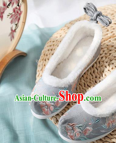 China Traditional Embroidered Shoes National Winter Cotton Shoes Handmade Grey Cloth Hanfu Shoes