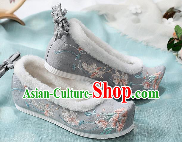 China Traditional Embroidered Shoes National Winter Cotton Shoes Handmade Grey Cloth Hanfu Shoes