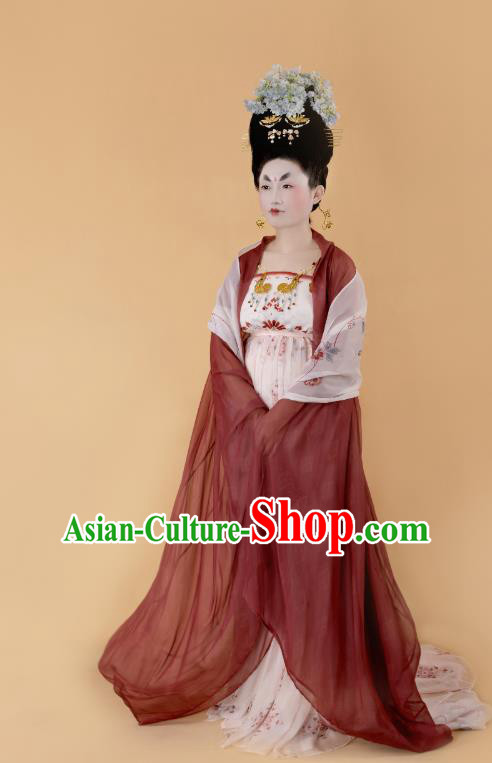 China Traditional Ancient Court Beauty Hanfu Dress Tang Dynasty Imperial Concubine Historical Clothing and Headdress Full Set