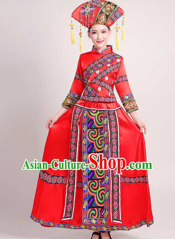 China Zhuang Nationality Clothing Guangxi Ethnic Performance Outfits Minority Folk Dance Red Dress and Hat