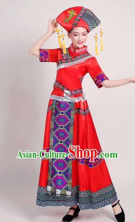 China Guangxi Ethnic Performance Red Outfits Tujia Minority Folk Dance Dress Zhuang Nationality Female Clothing and Headwear