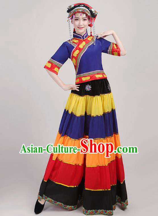 China Yi Nationality Folk Dance Costumes Yi Minority Torch Festival Dress Traditional Guangxi Ethnic Performance Outfits and Hat