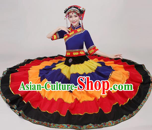 China Yi Nationality Folk Dance Costumes Yi Minority Torch Festival Dress Traditional Guangxi Ethnic Performance Outfits and Hat
