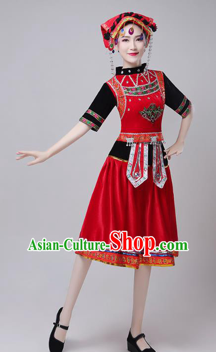 China Traditional Yi Minority Ethnic Torch Festival Red Short Dress Outfits Zhuang Nationality Folk Dance Costumes
