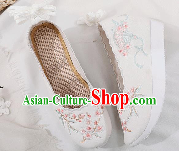 China Traditional Shoes Folk Dance Platform Shoes Embroidered Plum Fan White Cloth Shoes