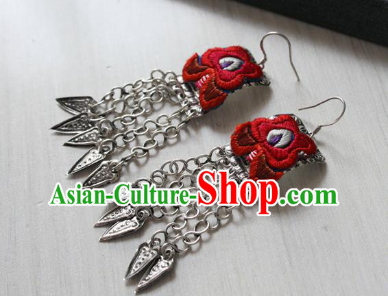 China National Embroidered Red Earrings Traditional Cheongsam Silver Tassel Ear Accessories