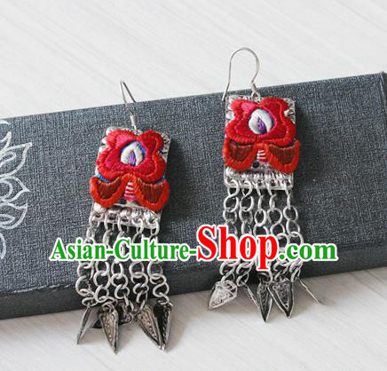 China National Embroidered Red Earrings Traditional Cheongsam Silver Tassel Ear Accessories