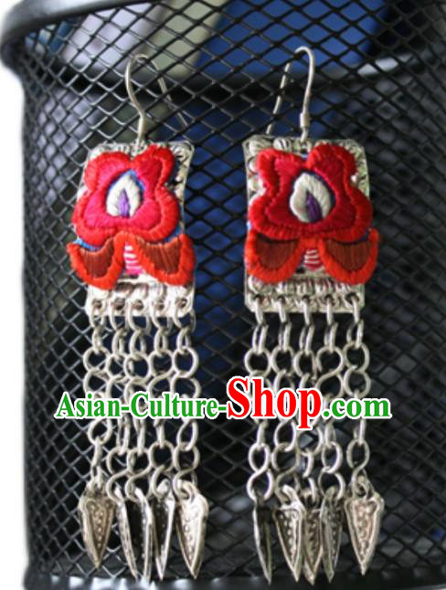 China National Embroidered Red Earrings Traditional Cheongsam Silver Tassel Ear Accessories