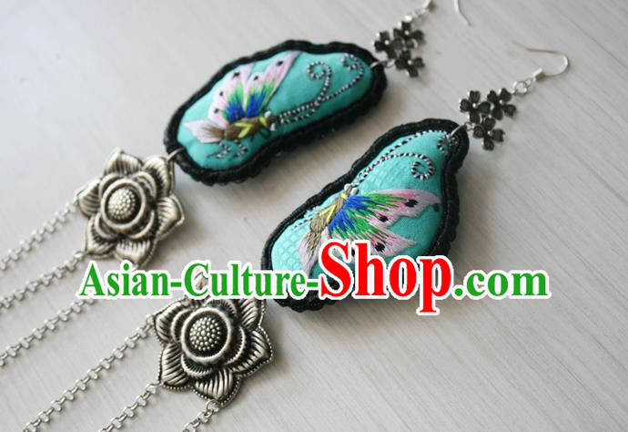 China Traditional Cheongsam Embroidered Butterfly Ear Accessories National Guizhou Ethnic Silver Tassel Earrings
